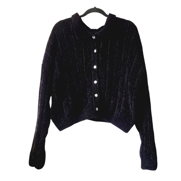 Double Zero Black Velvet Chenille Collared Button Up Boxy Cardigan L - Picture 2 of 6